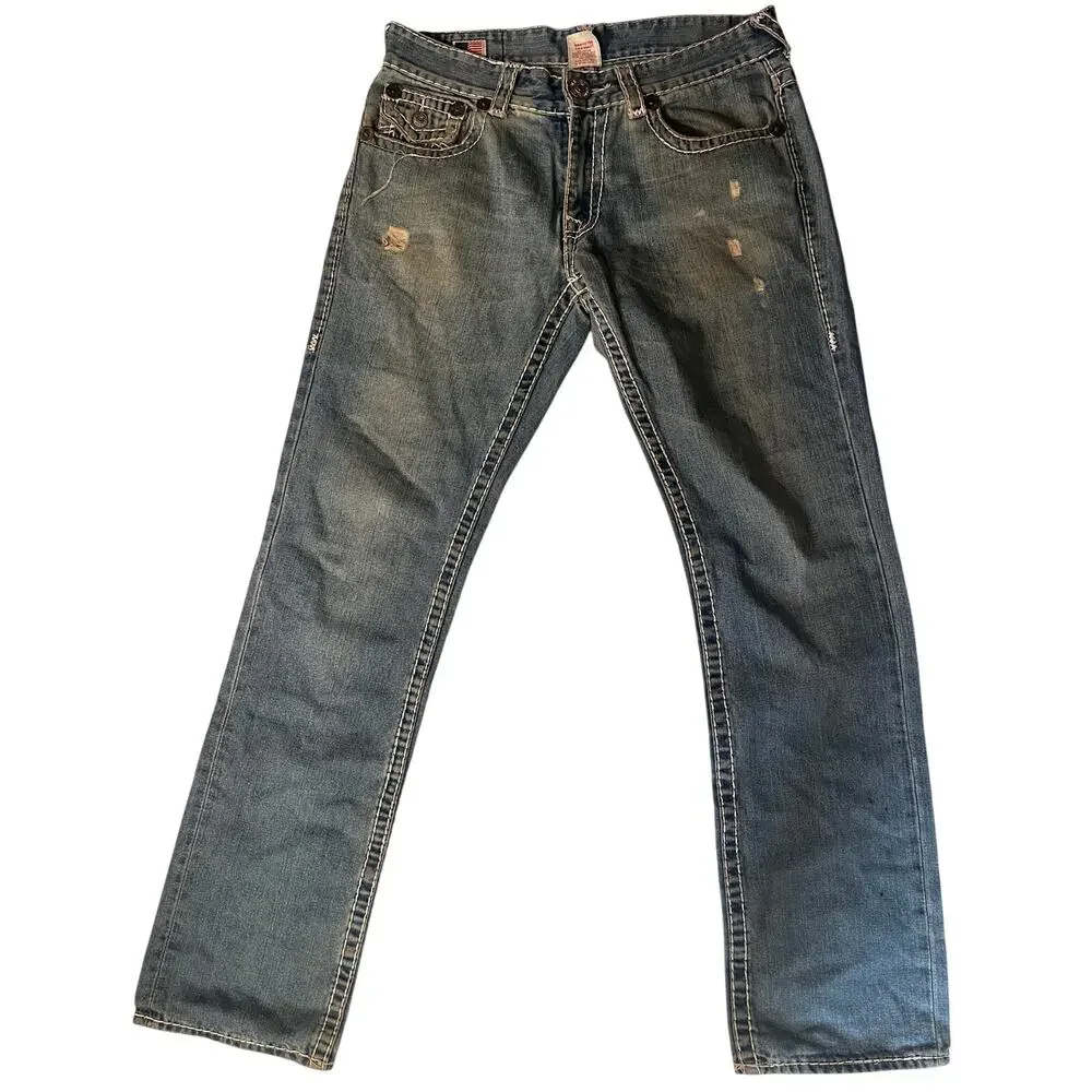 True Religion World Tour Distressed Jeans Men's Size 32 Straight Light Wash